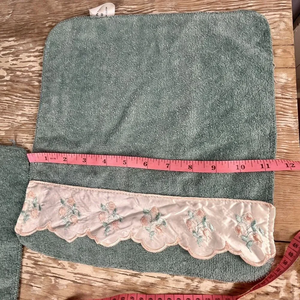 Vintage Set 6 Cannon Aqua Green Bath Hand Wash Towels Floral Satin Ruffle USA